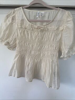 H&M Cream Smocked Puff-Sleeve Peasant Blouse